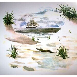 Pirate Ship Art Print Distant Beach Sand Dune Seaside Seascape T Rex Nautical